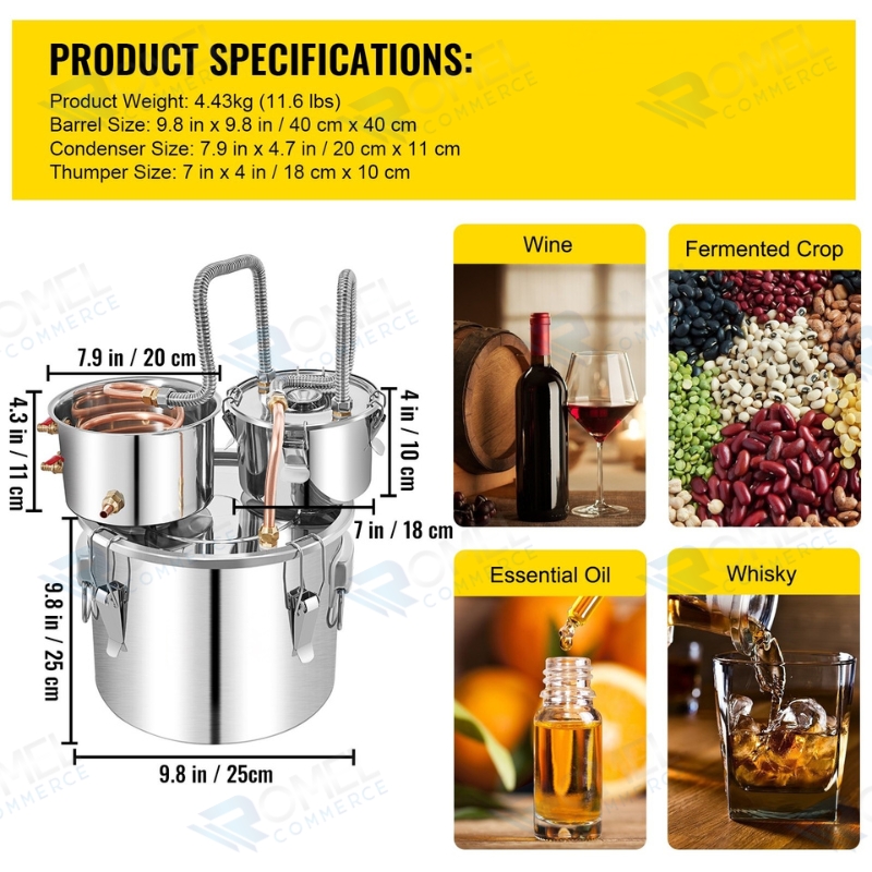 DESTILADOR DE AGUA Y ALCOHOL, VINO, ACEITE ESENCIAL,  3 GAL / 12 L