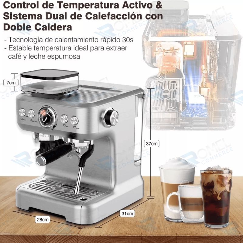 Cafetera Expresso Plateada Con Molinillo Café Y Vaporizador