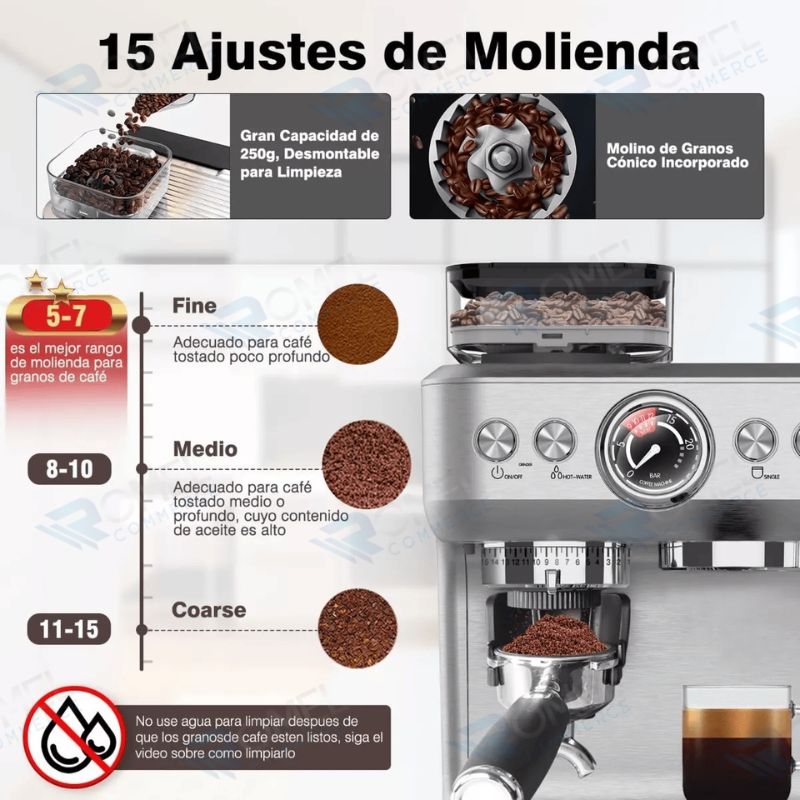 Cafetera Expresso Plateada Con Molinillo Café Y Vaporizado